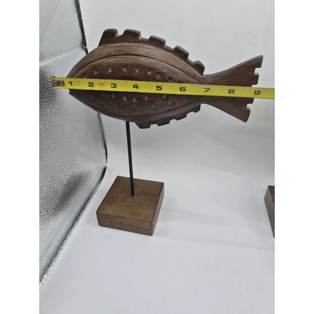 Wooden Hand Carved Fish On A Pedestal Portofino Rustic Coastal Decor